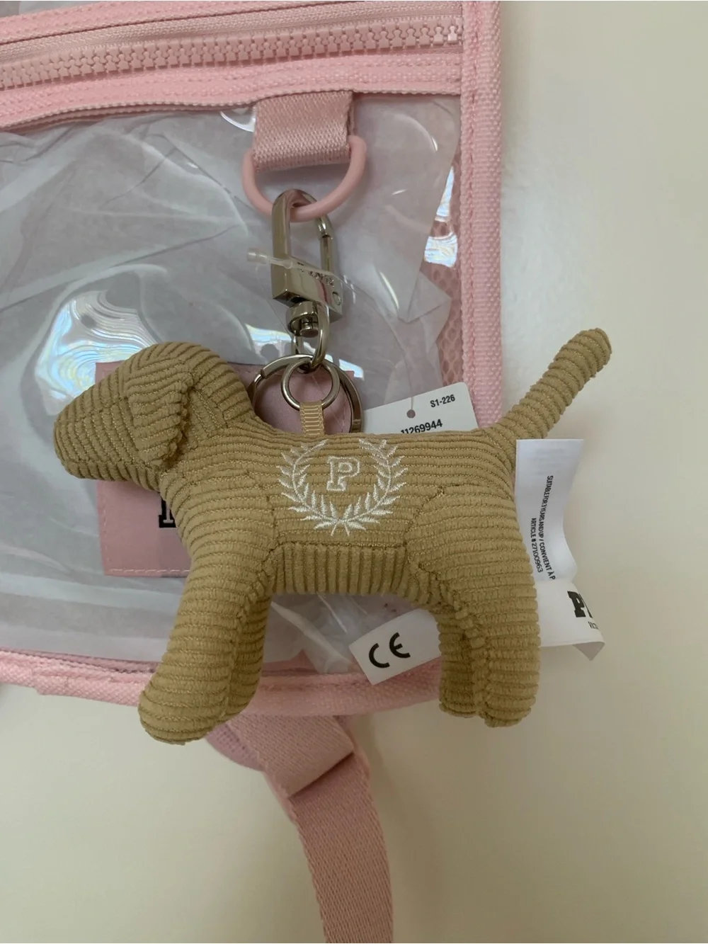 NWT Victoria's Secret PINK Micro Dog Keychain Charm Bamboo Corduroy Light Brown